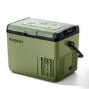 A Bodega cooler in olive green with black accents, featuring a ribbed lid, a carry handle, and a digital temperature display on the top right, shown on a clean white background.