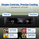 A cooling device control graphic with labeled buttons for Temp Up and Temp Down, a digital display showing 22°C, and food category examples for Ice Cream, Meat, Drinks, and Vegetables. Text at the top reads 'Simple Controls, Precise Cooling' and notes adjustable temperatures from -4°F to 68°F.