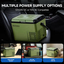 Bodega cooler in olive green shown in a car interior with promotional text reading 'Multiple Power Supply Options' and three smaller usage examples at the bottom for solar power, car use, and indoor 110V AC.