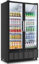 BODEGACOOLER Commercial Merchandiser Refrigerator, 27.02 Cu.Ft Double Glass Door Beverage Cooler, Upright Display Refrigerator with Soft LED Light, Adjustable Shelves, 4 Heavy-Duty Casters, Black