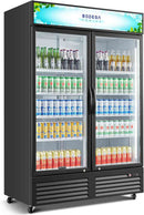 BODEGACOOLER Commercial Merchandiser Refrigerator, 40 Cu.Ft Double Glass Door Beverage Cooler, Upright Display Refrigerator with Soft LED Light, Adjustable Shelves, 4 Heavy-Duty Casters, Black
