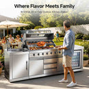 BODEGACOOLER Outdoor Kitchen Island with 6-Burner 97,000 BTU Propane Grill, Stainless Steel BBQ with Built-in Refrigerator and Sink for Backyard hosting, Patio Barbecue