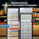 BODEGACOOLER Commercial Merchandiser Refrigerator, 27.02 Cu.Ft Double Glass Door Beverage Cooler, Upright Display Refrigerator with Soft LED Light, Adjustable Shelves, 4 Heavy-Duty Casters, Black
