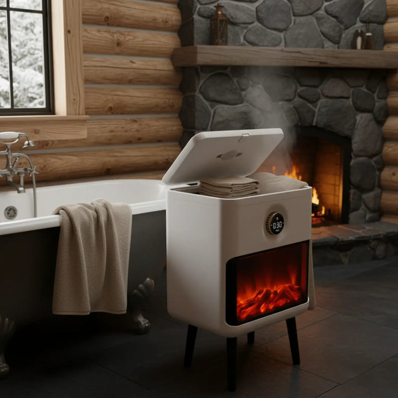 Towel Warmer Bucket with LED Fireplace | Portable Bucket Towel Warmer