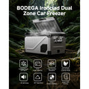BODEGA Ironclad Dual Zone Car Freezer in a forest setting with features highlighted.
