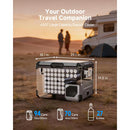 63QT Large Capacity Electric Cooler with camping scene and measurements
