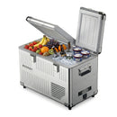 Portable cooler with food items on a white background