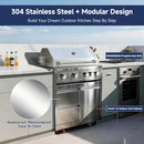 Stainless steel outdoor kitchen with grill and cabinets, featuring 304 stainless steel and modular design.