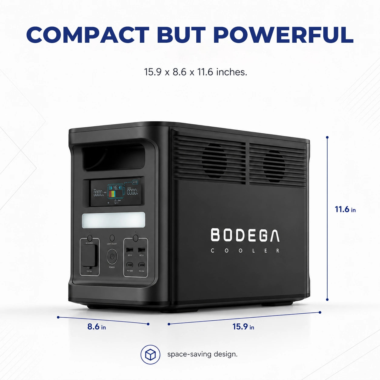 Bodegacooler 1536WH capacity power station dimension: 15.9*8.6*11.6inches