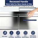 BODEGA outdoor kitchen drawers with recessed handle, hand reaching for it, and feature icons at the bottom.