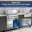 Outdoor kitchen with BODEGA outdoor kitchen propane tank storage cabinet, showing tank support feature.