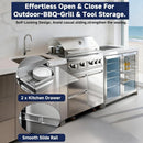 Outdoor BBQ grill with storage compartments and self-locking design features.