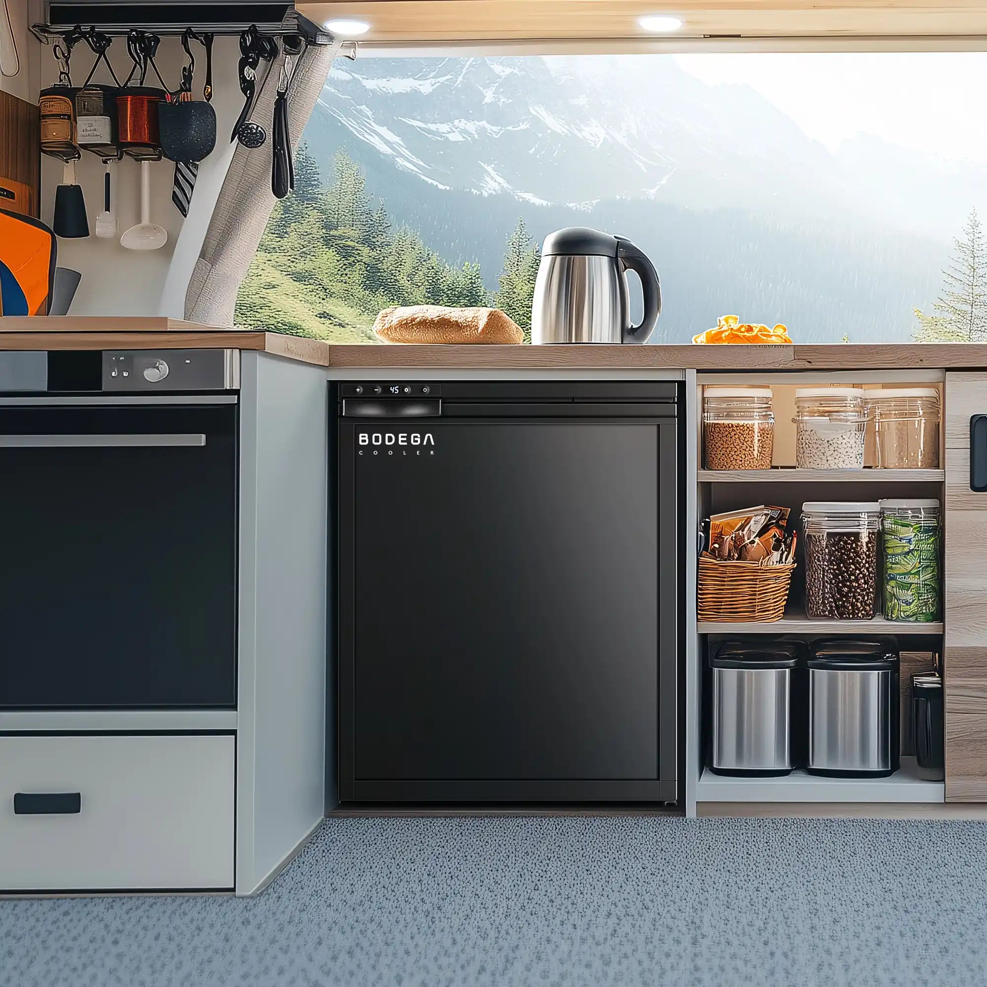 Modern kitchen with a refrigerator, oven, and shelves with food items, set against a scenic mountain backdrop.
