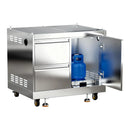 Stainless steel cabinet with a blue gas cylinder inside on a white background
