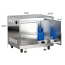 Stainless steel equipment cabinet with dimensions labeled on a white background