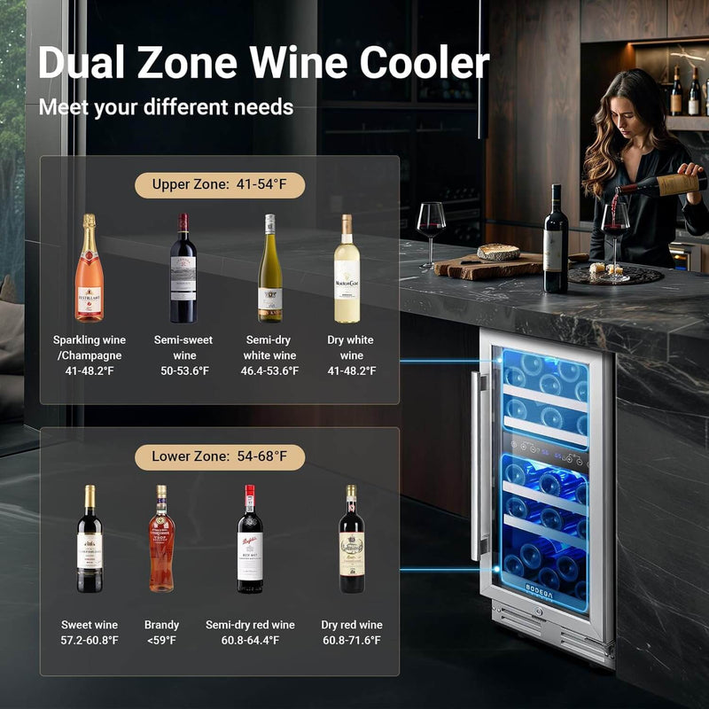 BODEGA 15 Inch 30 Bottles Dual Zone Wine Fridge