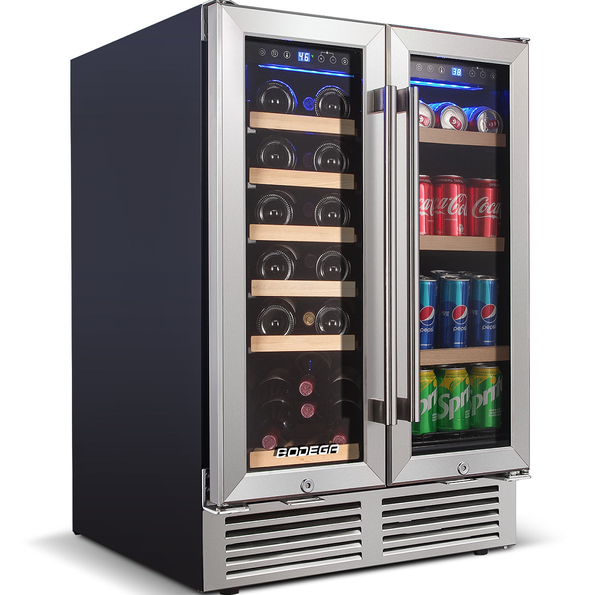 15 inch 28 Bottle / 88 Cans Capacity Built-In or Free Standing Wine Cooler Under Counter Metal Beverage Fridge Cabinet, with LED Lighting