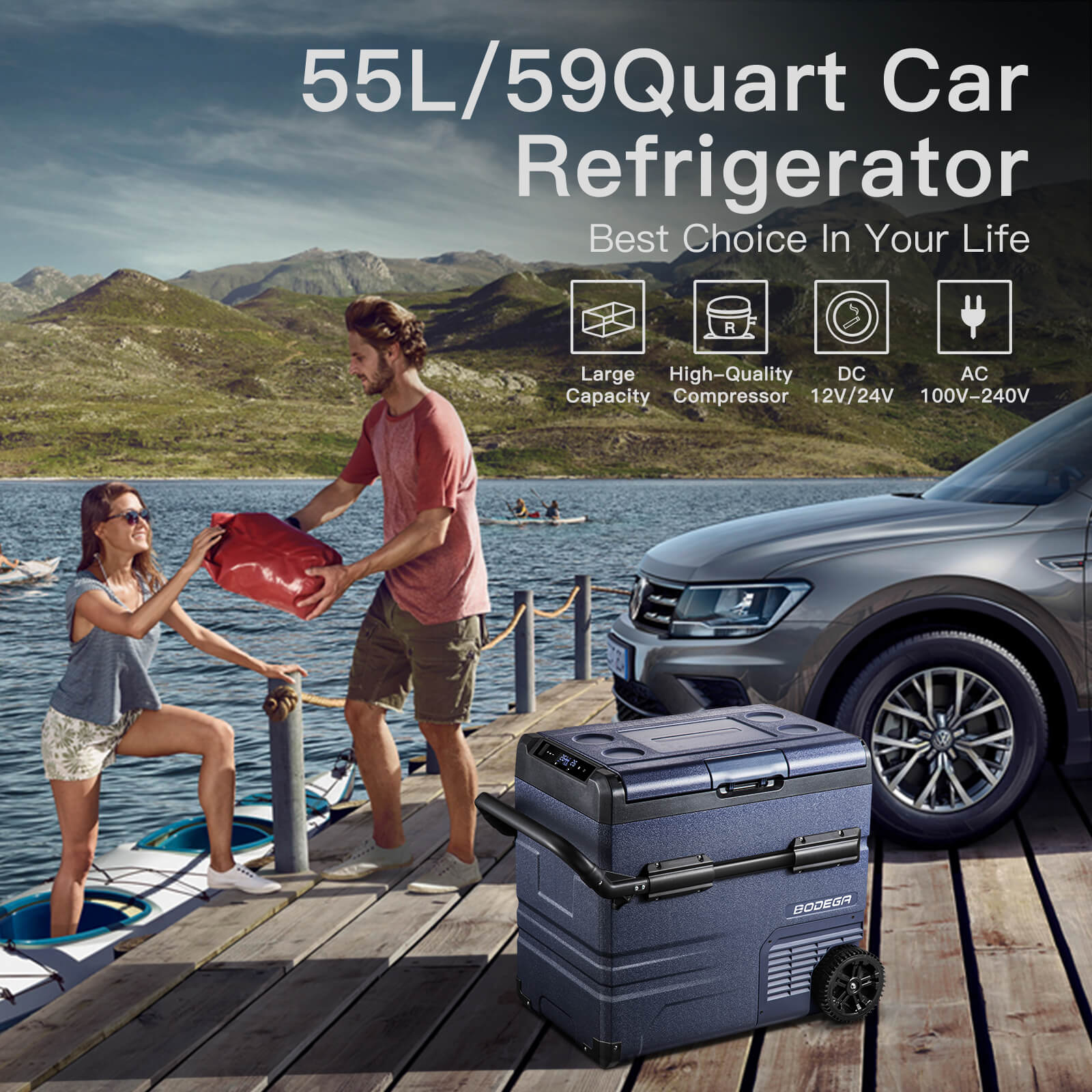 BougeRV 59Qt Portable Car Refrigerator Dual Zone Freezer Cooler Mini Fridge  Compressor 12V/24V